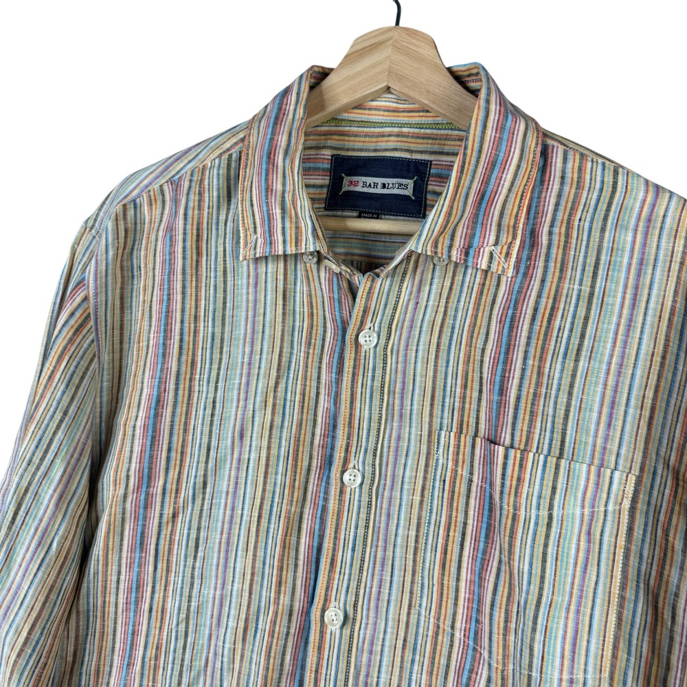 32 Bar Blues Mens Large Multi Color Vertical Stripe Linen Button Down Shirt L
